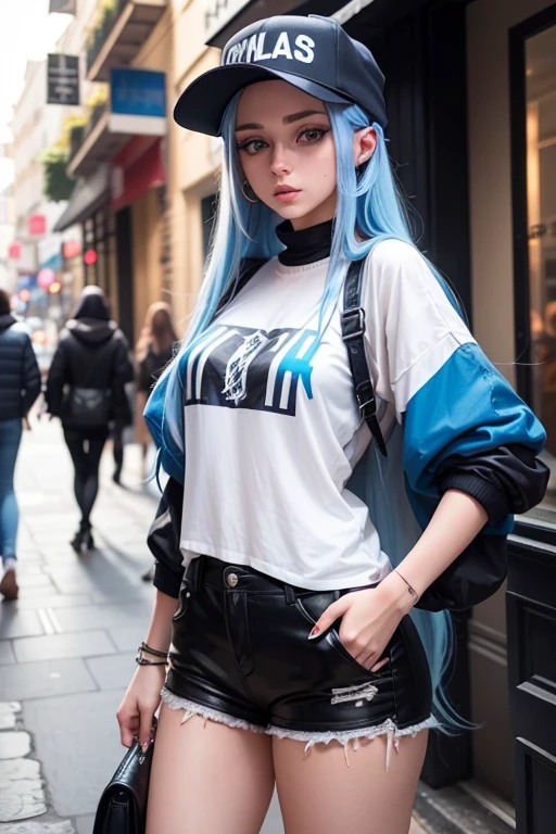 21 years old European girl. She is trendy. With long blue hair. She looks famous like a rapper.