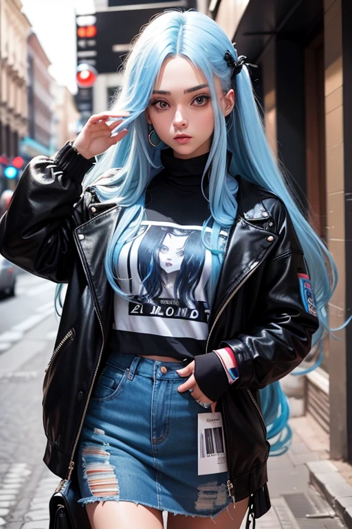 21 years old European girl. She is trendy. With long blue hair. She looks famous like a rapper.