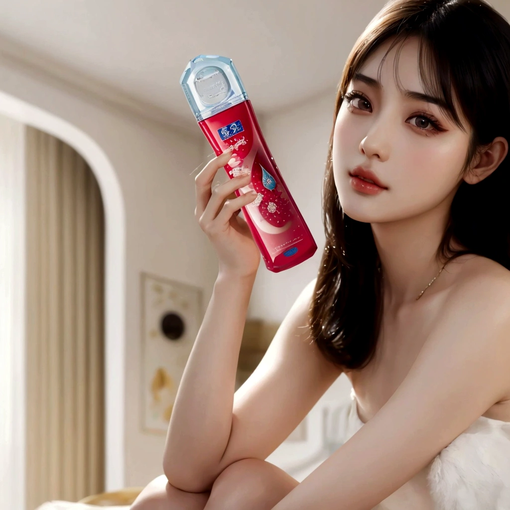 Alafid (Arafed) An Asian woman holding a bottle of deodorant in her hand, sha xi, Dilraba Dilmurat, Bae Suzy, lu ji, Official product photos, Beauty exercise, picture, crisp smooth lines, su fu, Home, Smooth body features, Larissa Manobar, Inspired by Huang Ji, high resolution, Sexy-s 100
