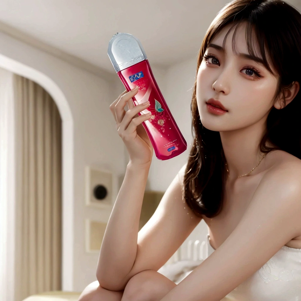 Alafid (Arafed) An Asian woman holding a bottle of deodorant in her hand, sha xi, Dilraba Dilmurat, Bae Suzy, lu ji, Official product photos, Beauty exercise, picture, crisp smooth lines, su fu, Home, Smooth body features, Larissa Manobar, Inspired by Huang Ji, high resolution, Sexy-s 100