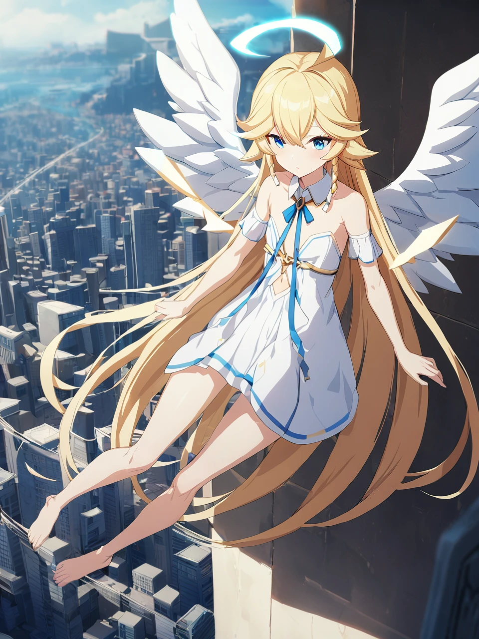 Zaora, blue eyes, (Variegated eyes:0.5), Blonde, Very long hair, Twin Blade, bangs, Ahoge, Hello, Angel, Flat Chest, White Dress, Belly button cutout, Detachable collar, Strapless, Neck ribbon, Bare shoulders, Angel wings, barefoot, One girl, Solo Break Space, City, Depth of written boundary, Cinematic, masterpiece, Highest quality, Game CG