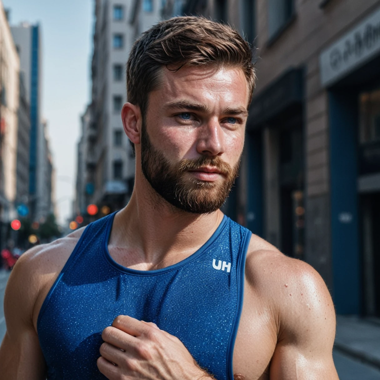 RAW-Foto, Close up full body portrait of handsome and muscular man with beard in blue sportswear, he stands in a city, detailed face, blue eyes, (highly detailed skin:1.2), 8K  UHD, dslr, soft lighting, good quality, film grain, Fujifilm XT3 speckled light on the face, pale skin, Hautporen, oiled, shiny skin, skin blemishes, impure skin, complicated skin details, visible skin detail, detailed skin structure, Blush, folds, Vitiligo spots, moles, Blackheads, Blackheads, white pimples, red pimples, Schönheitsfleck, Hautflaum, [[[[[freckles]]]]] (perfect eyes), ((perfect hands with four fingers and one thumb each))