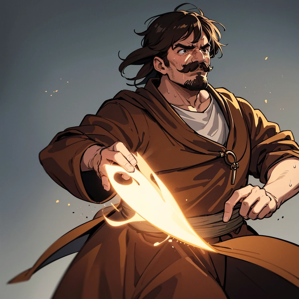 ((((Solo))))、Highest quality, Best Quality,Best illustrations、middle ages、(((Simple brown robe)))、(40-year-old uncle、mature、Kaiser moustache)、(rage、Sweat)、fight