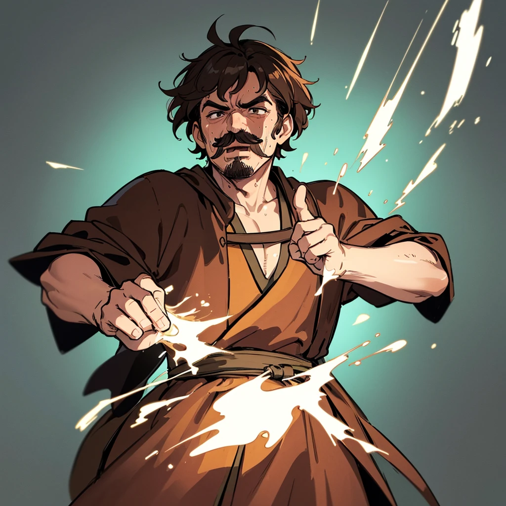 ((((Solo))))、Highest quality, Best Quality,Best illustrations、middle ages、(((Simple brown robe)))、(40-year-old uncle、mature、Kaiser moustache)、(rage、Sweat)、fight