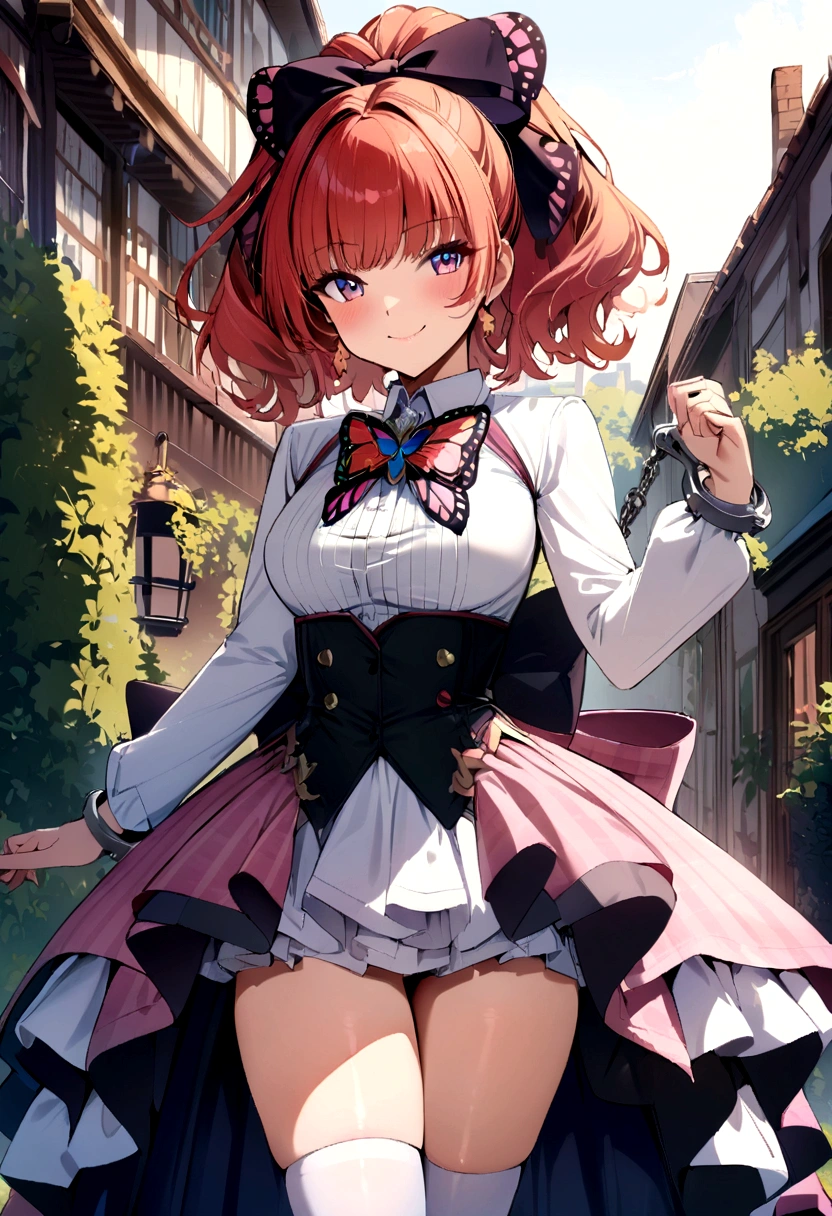 masterpiece, high quality, 1girl, solo, cheria barnes, butterfly brooch, ribbon, bow, skirt, back bow, shirt, long sleeves, thighhighs, outdoors, smile, cheria handcuffs