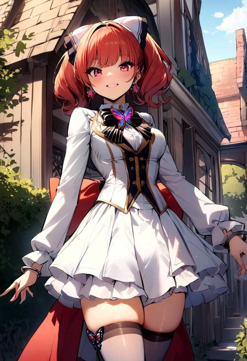 masterpiece, high quality, 1girl, solo, cheria barnes, butterfly brooch, ribbon, bow, skirt, back bow, shirt, long sleeves, thighhighs, outdoors, smile, cheria handcuffs