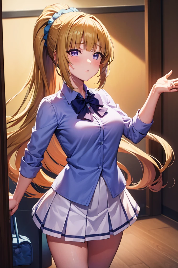 (8k, best quality, masterpiece,ultra detailed, ultra high res:1.2), (anime keyvisual:1.1),
1girl,
Kei Karuizawa,
Kei Karuizawa \(youjitsu\),
long hair, BREAK ponytail,
yellow hair,
purple eyes,
blue bow, hair scrunchie,
medium breasts,
red blazer, long sleeves, blue blouse, pleated white skirt, white calf socks,
looking at viewer,
cowboy shot,
perfect light,