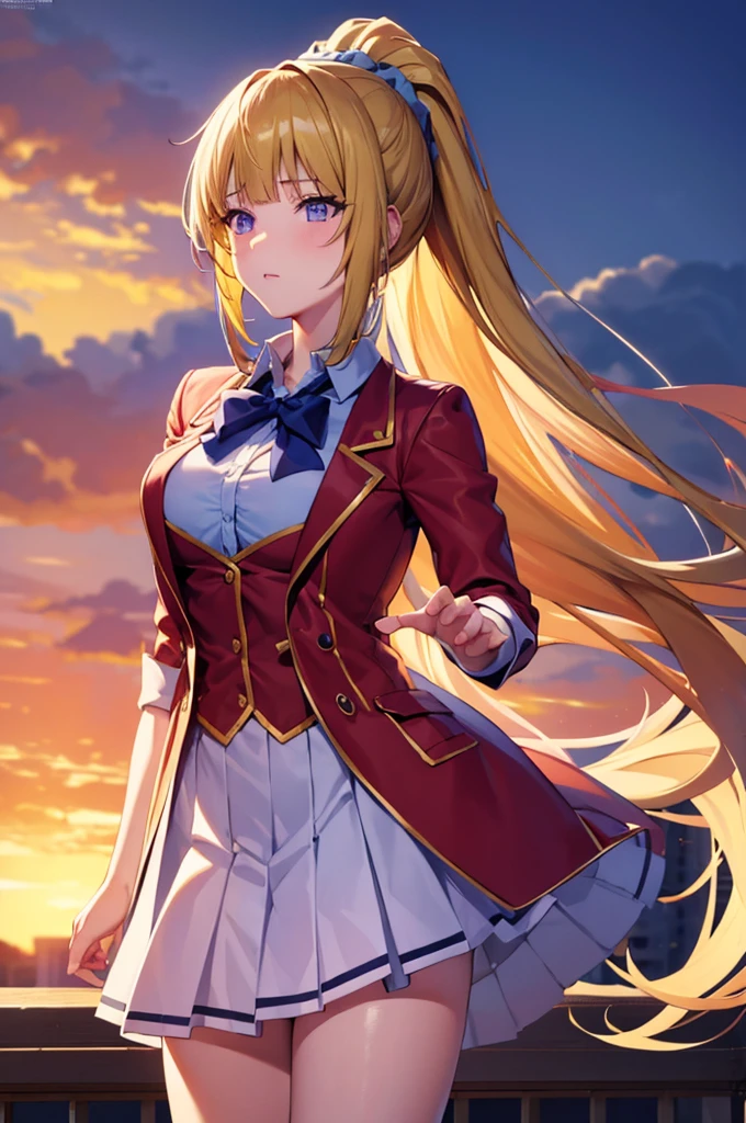 (8k, best quality, masterpiece,ultra detailed, ultra high res:1.2), (anime keyvisual:1.1), 
1girl,
Kei Karuizawa, 
Kei Karuizawa \(youjitsu\),
long hair, BREAK ponytail, 
yellow hair, 
purple eyes, 
blue bow, hair scrunchie, 
medium breasts, 
red blazer, long sleeves, blue blouse, pleated white skirt, white calf socks, 
looking at viewer, 
cowboy shot, 
perfect light, 