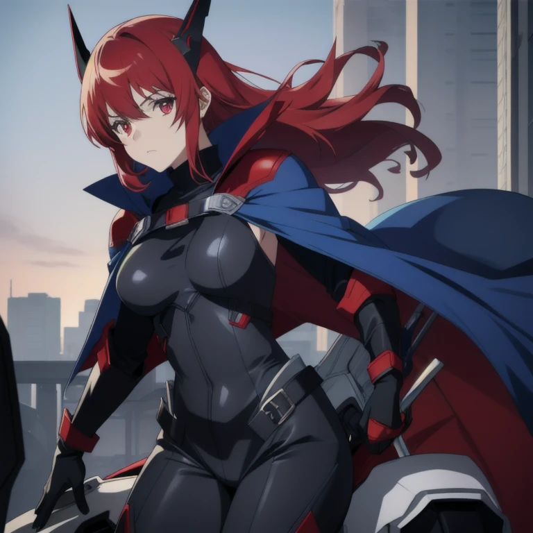 Girl1, solo, Phantoma, hells 2008, hells angels, anime_style, helmet, blue cape, black bodysuit, black gloves, red eyes, blue breasts, grey skin, red hair, spike shoulders pads, city