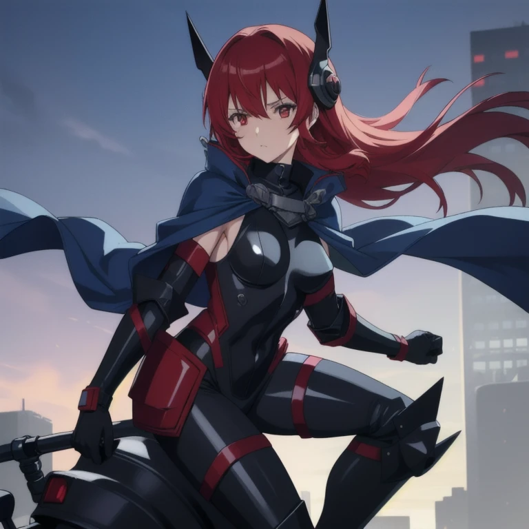 Girl1, solo, Phantoma, hells 2008, hells angels, anime_style, helmet, blue cape, black bodysuit, black gloves, red eyes, blue breasts, grey skin, red hair, spike shoulders pads, city