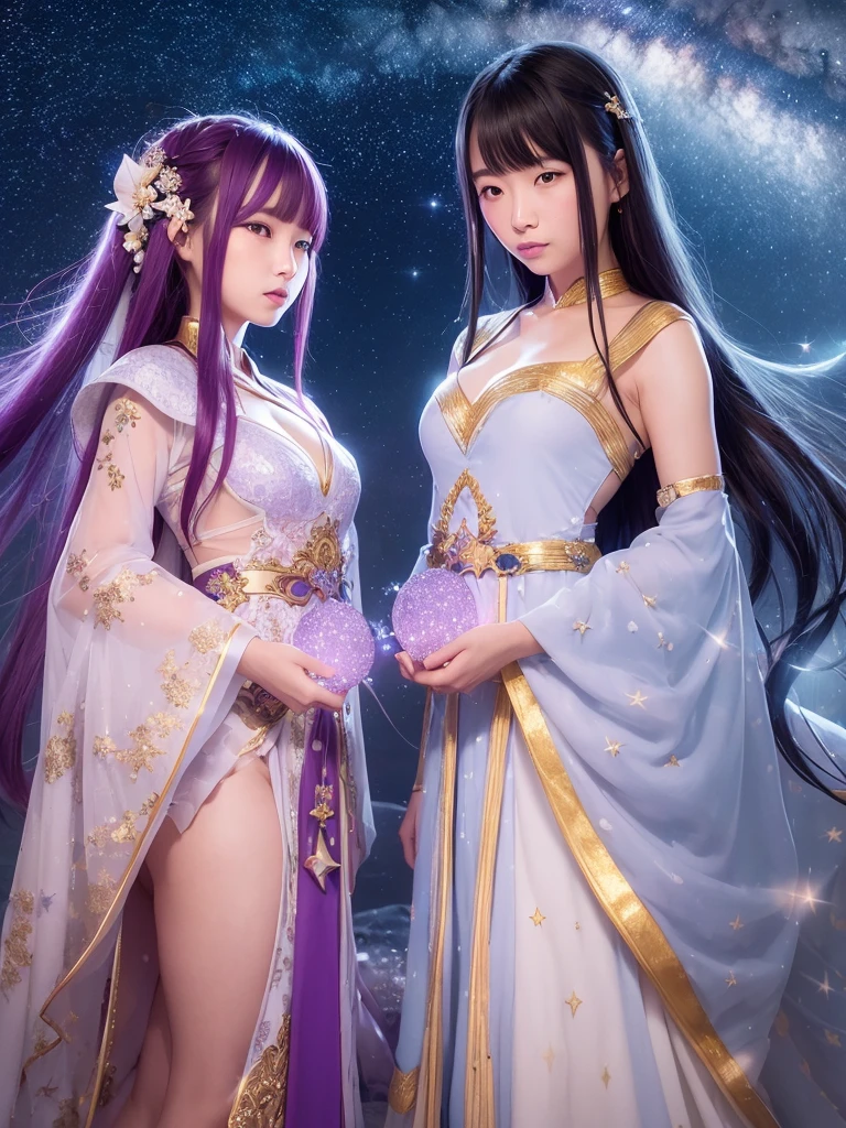 Under a star-filled sky, Orihime and Hikoboshi stand on opposite sides of the shimmering Milky Way, their eyes meeting with a sense of longing and love. The night is illuminated by a soft, ethereal glow, with delicate hues of blue and purple blending into the darkness. Surrounding them are twinkling stars, glowing mist, and mystical constellations, creating a magical and otherworldly atmosphere. Both characters are dressed in traditional celestial robes adorned with intricate patterns, adding to the enchantment of the scene."
