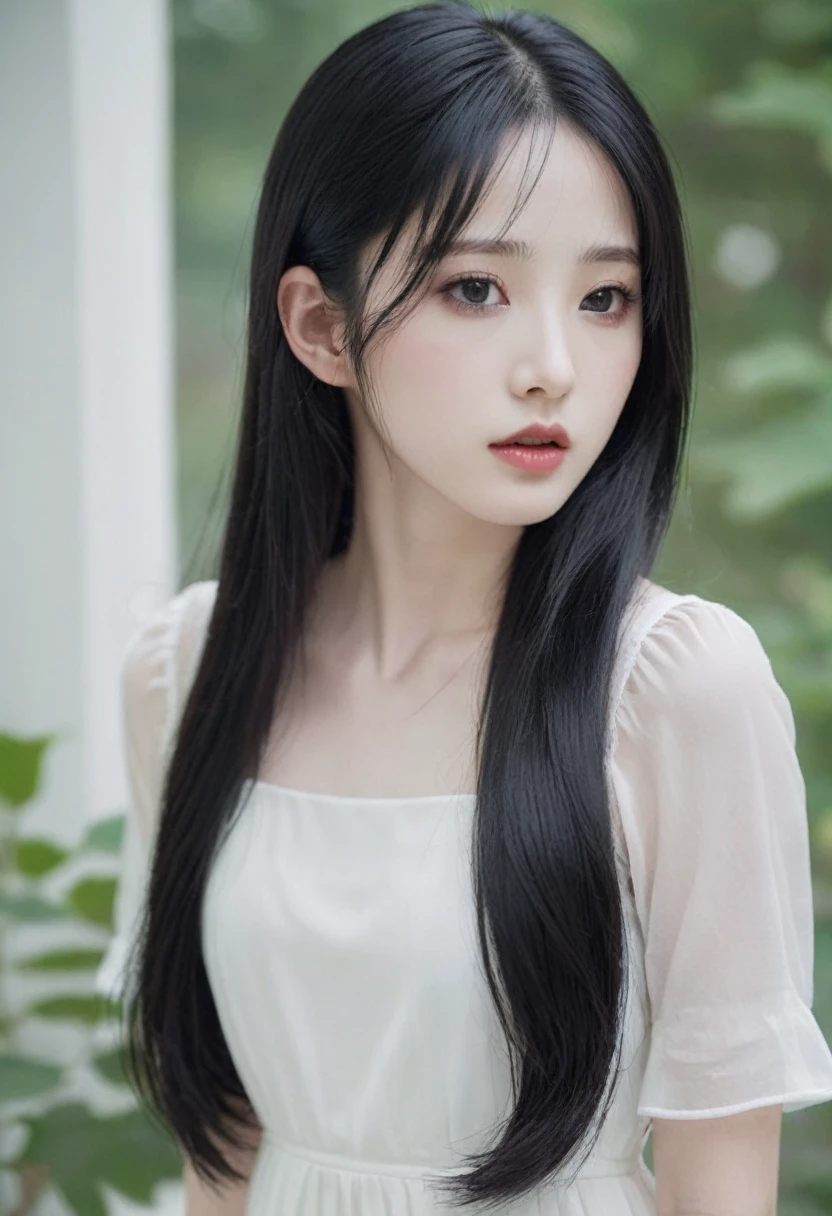 Pretty Korean girl, pale skin, long black hair, deep black eyes, close up face, photography, white dress
