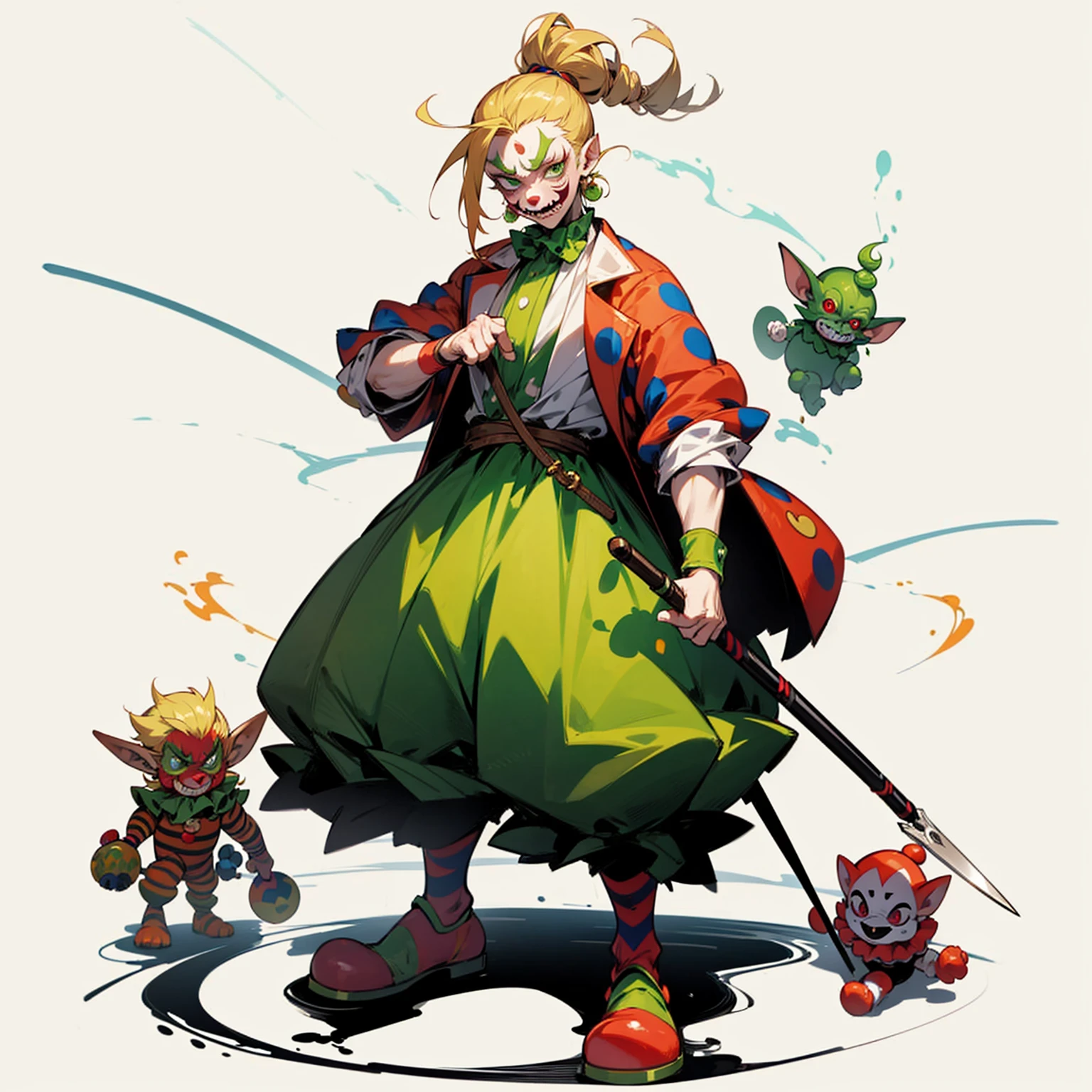 Random evolution, circuit clown, mascot, goblin man, (full body version), (1Man), (Clown make up on face), green eyes, blonde colour hair, man bun hairstyle, ((Whip weapon in hand)), Grassroots 