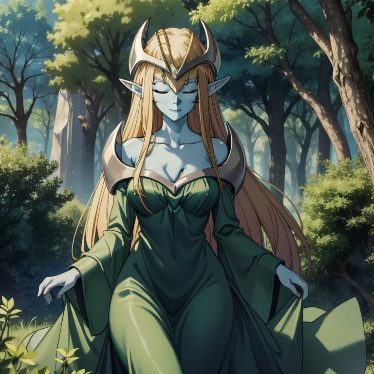 mysticalygo, mystical elf, smile, medium breasts, eyes closed, green dress, long skirt, blue skin, blonde hair, long hair, park, forest, Yugioh,