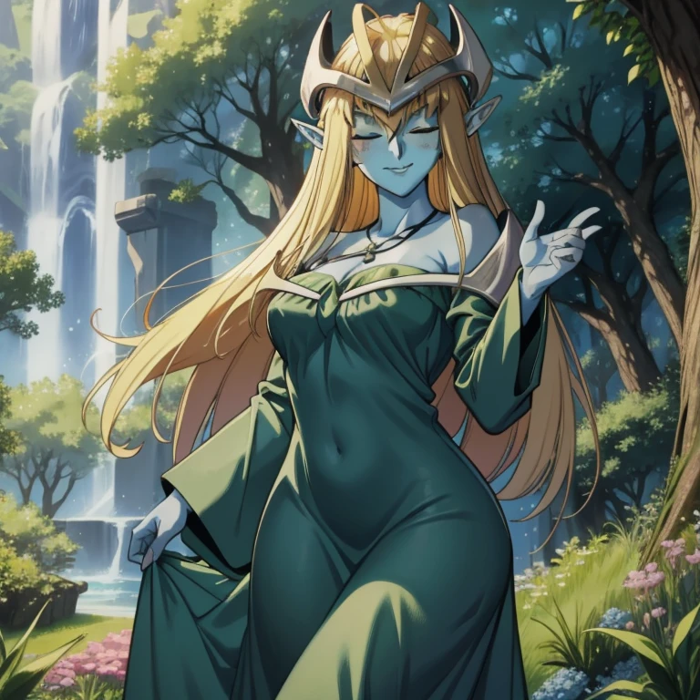 mysticalygo, mystical elf, smile, medium breasts, eyes closed, green dress, long skirt, blue skin, blonde hair, long hair, park, forest, Yugioh, 