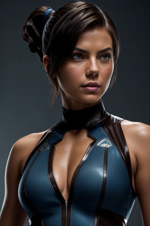 Gorgeous european woman with very short hair, short ponytail with fringe, wet hair, hair slicked back, combed straight back, slick hair, streaked brown hair, seductive pose, lauren cohan as avatar korra, torn ragged korra costume, cleavage, solid dark grey background with spider web
