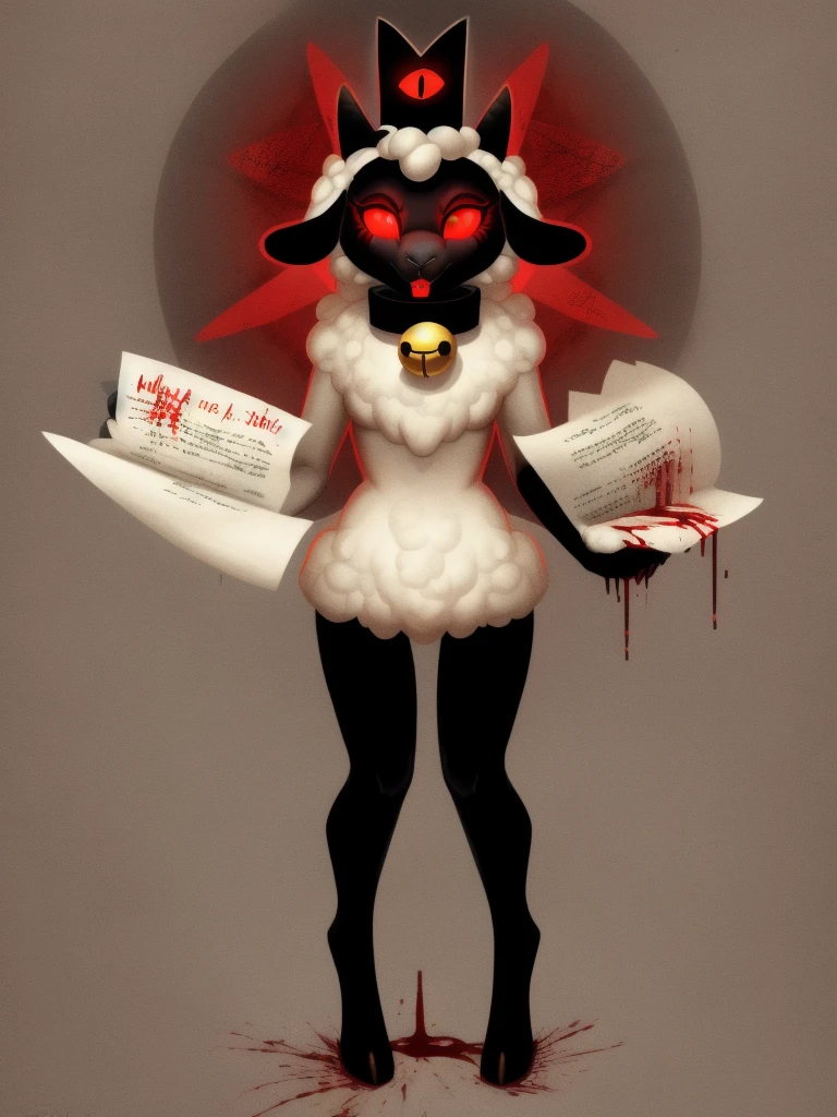 Best quality, ultra high resolution,full body, Necronomicon Sketch,old Paper Texture,mad writing , cultofthelamb,crown,sheep girl,collar,glowing eyes,blood from eyes, bell collar