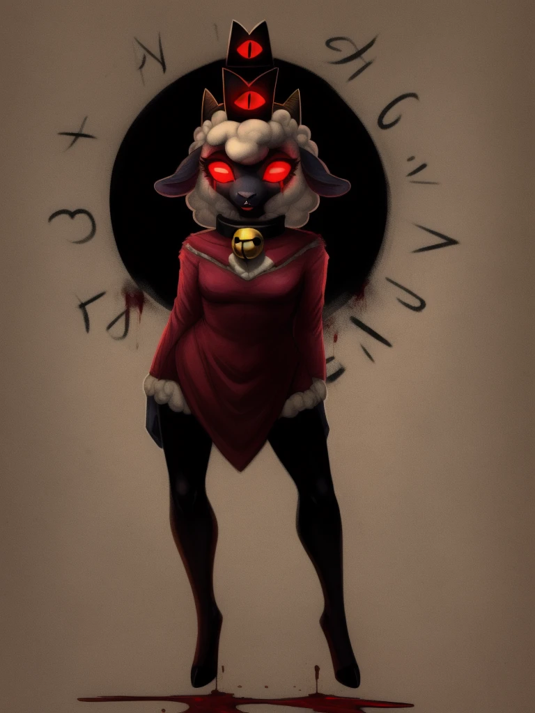 Best quality, ultra high resolution,full body, Necronomicon Sketch,old Paper Texture,mad writing , cultofthelamb,crown,sheep girl,collar,glowing eyes,blood from eyes, bell collar