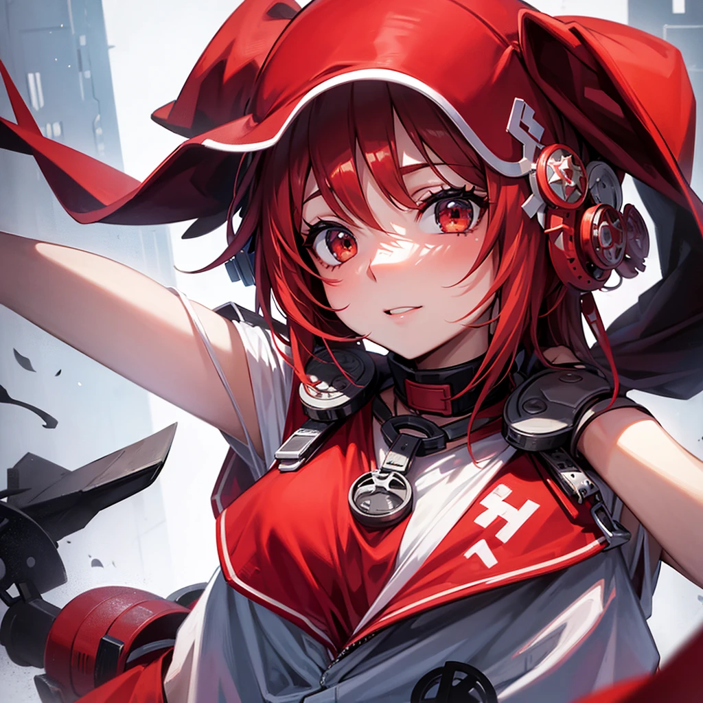 Girl with mask without facial rags and with a red cap on her head