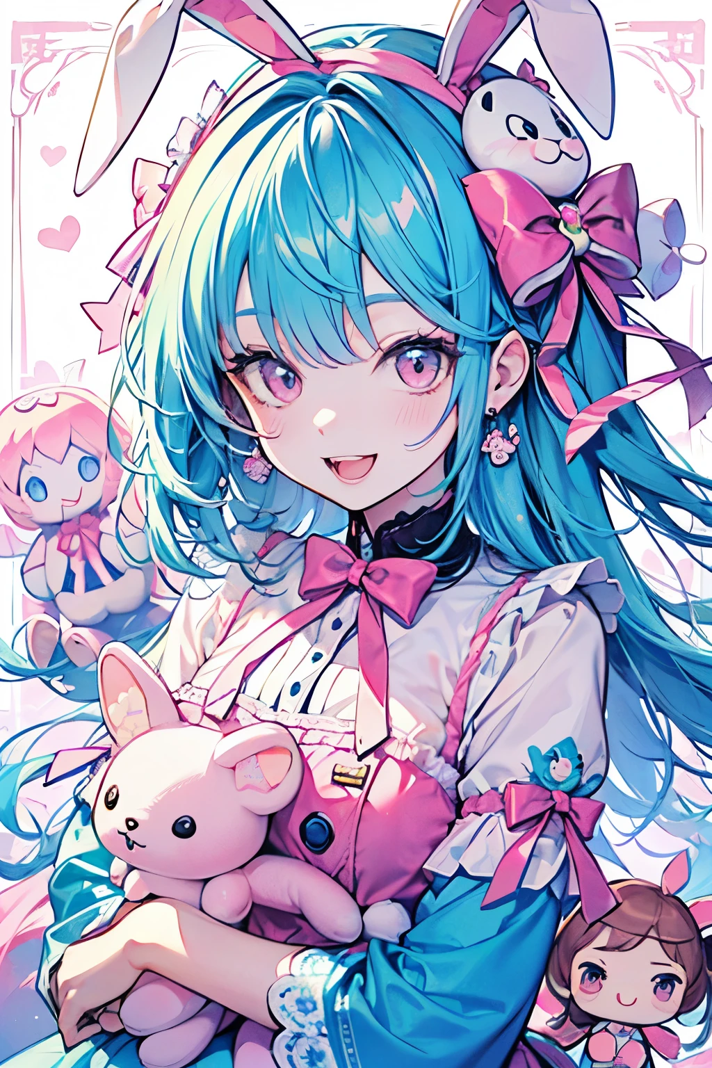 chibi character,Rabbit motif,(brush),((cute,kawaii,wonderland)),((pastel color)),((Cute assortment)),(A big smile with an open mouth),((Cute stuffed toys and dolls:1.3)),Shiny pink hair,(pastel pink),((Angel:1.2)),(ribbon🎀:1.25).