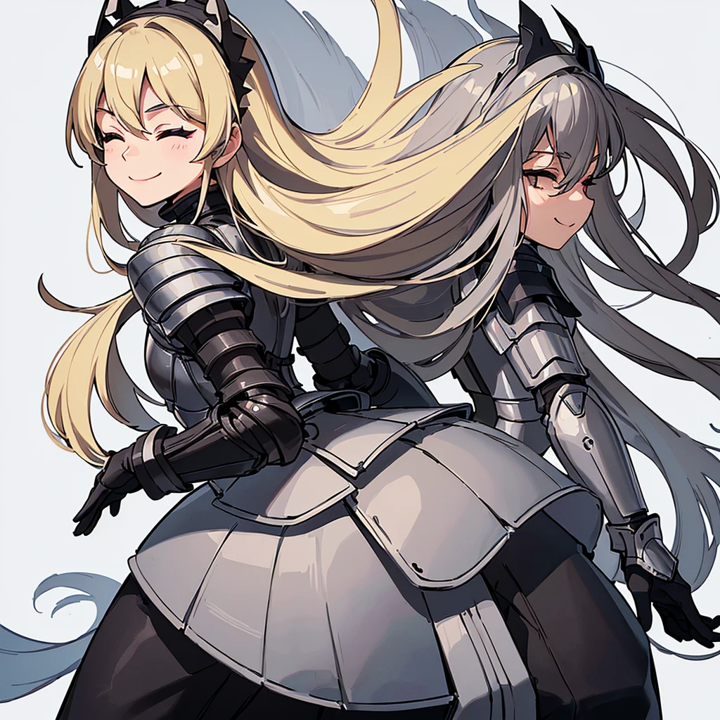 (((Solo)))、Highest quality, Best Quality、、Best illustrations、(((Gray simple armor、Black trousers、Black gloves))、(woman、18-year-old)、(Blonde、Long Hair)、(White background)、(From the back)、(Close your eyes、smile、smile)、wave hands