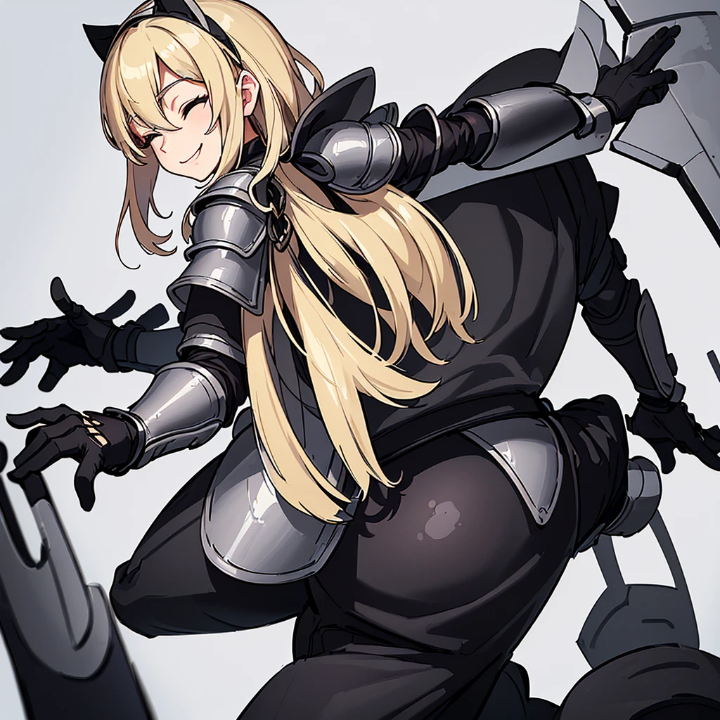 (((Solo)))、Highest quality, Best Quality、、Best illustrations、(((Gray simple armor、Black trousers、Black gloves))、(woman、18-year-old)、(Blonde、Long Hair)、(White background)、(From the back)、(Close your eyes、smile、smile)、wave hands