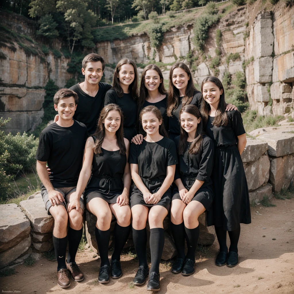 family photo, 6 siblings (One sister 5 brothers) , middle aged all, happy , on a mountain