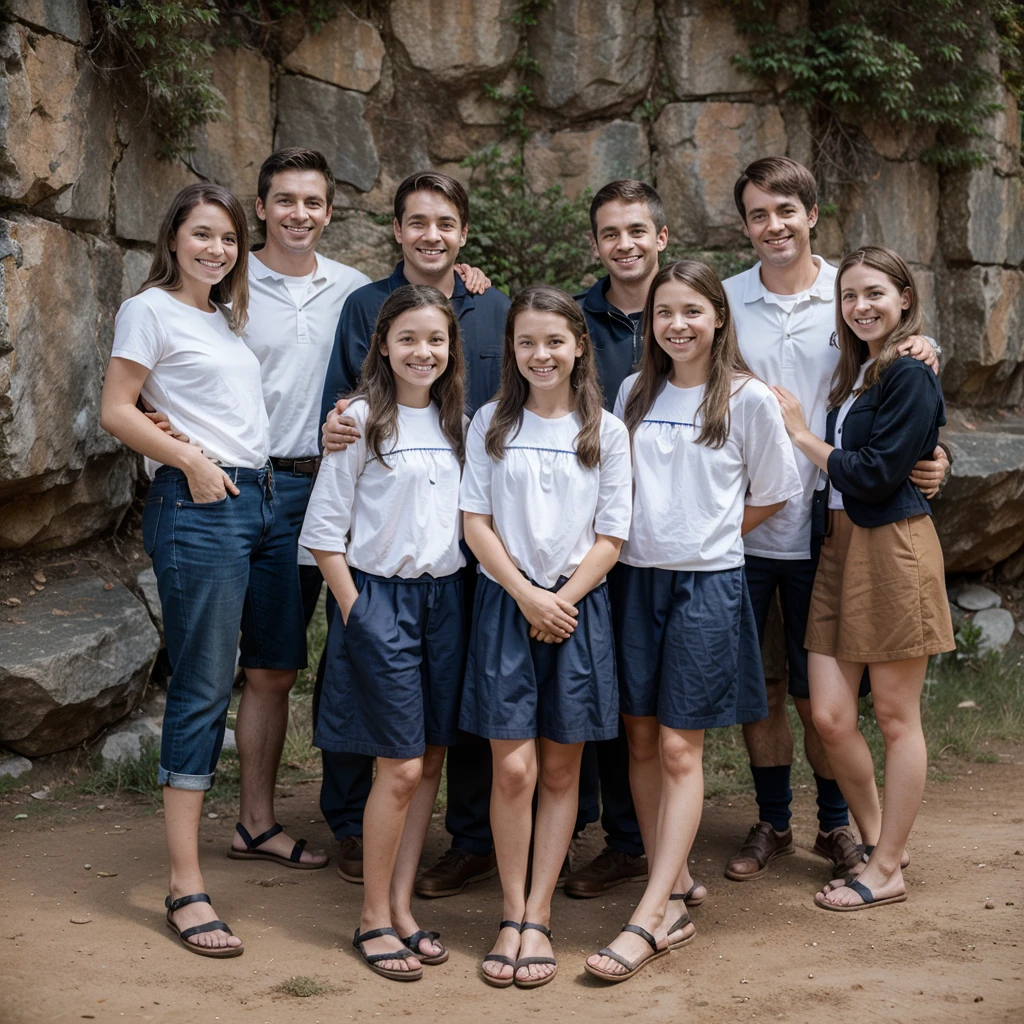 family photo, 6 siblings (One sister 5 brothers) , middle aged all, happy , on a mountain