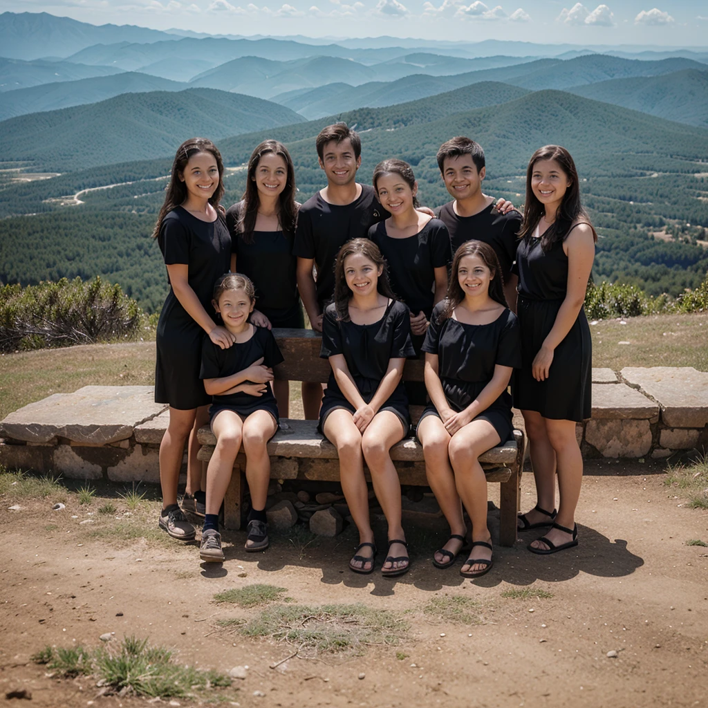 family photo, 6 siblings (One sister 5 brothers) , middle aged all, happy , on a mountain