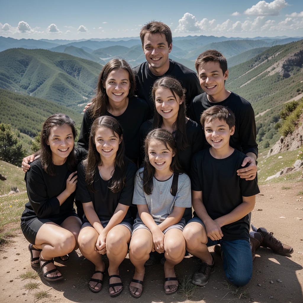 family photo, 6 siblings (One sister 5 brothers) , middle aged all, happy , on a mountain
