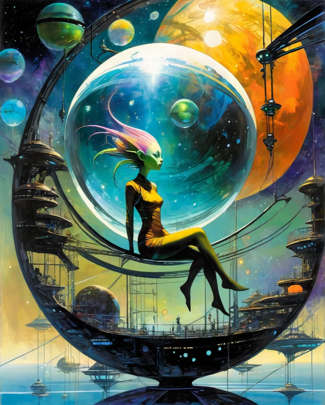 Celestial Harbor, a cute Female alien working in the celestial port, sitting in a transparent suspended ball vase, telemetry huge spacecraft harbor where spaceships and cosmic vessels dock, illuminated by distant stars and nebulae, a sci-fi setting with futuristic technology and diverse alien species, vibrant holographic displays and bustling activity, conveying a sense of unity and collaboration, painting, acrylic on canvas using bright colors and dynamic brush strokes, (Dave Mckean inspired art, intricate details, oil painting)