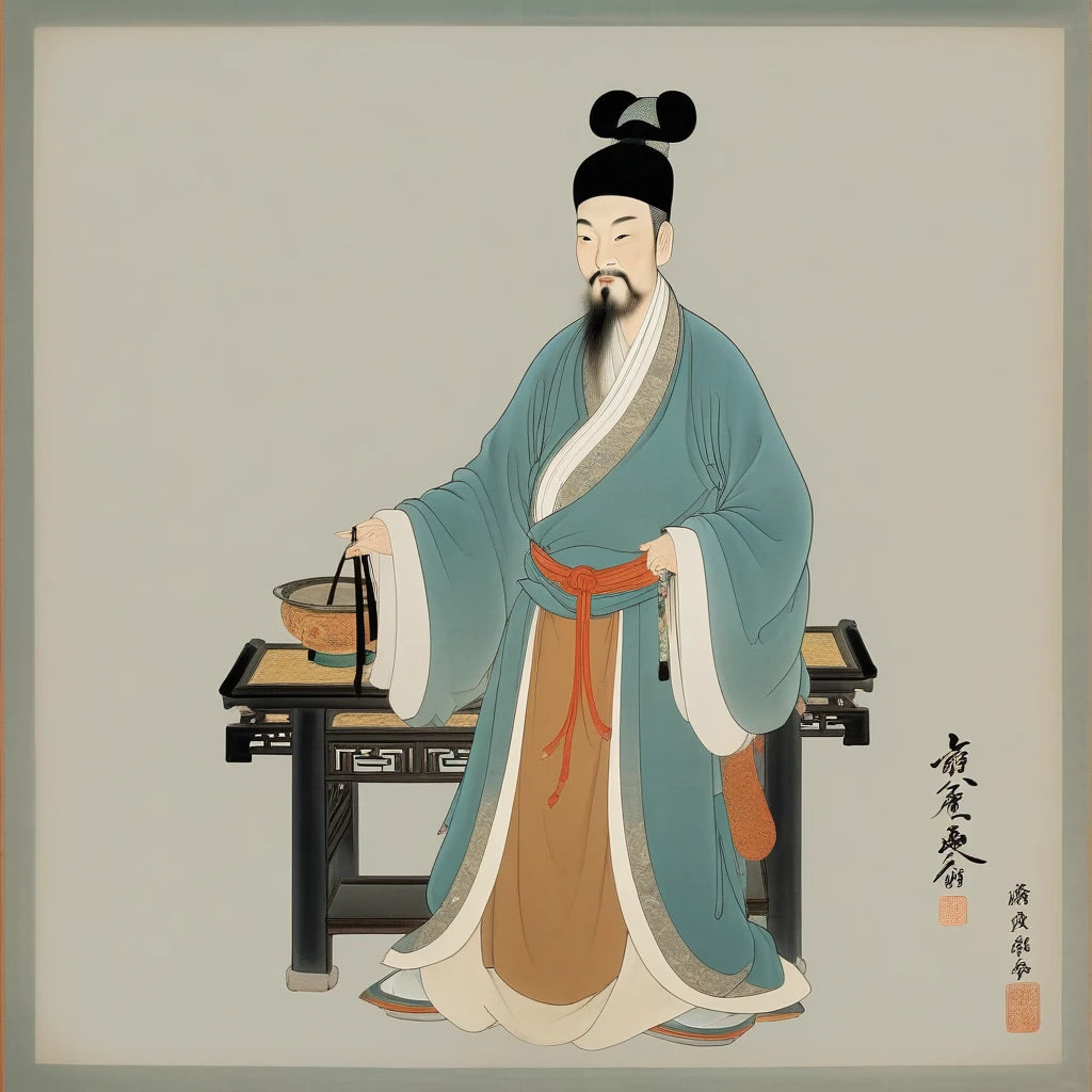 Ming Dynasty Old Man,Solitary,Black Hair,Chinese clothes of the Ming Dynasty,Hair Bun,whole body,Long sleeve,permanent,Wide sleeves,single Hair Bun,Keep,Hair Bun,Shut up,Close your eyes,Gray background,Chinese Ming Dynasty costumes,