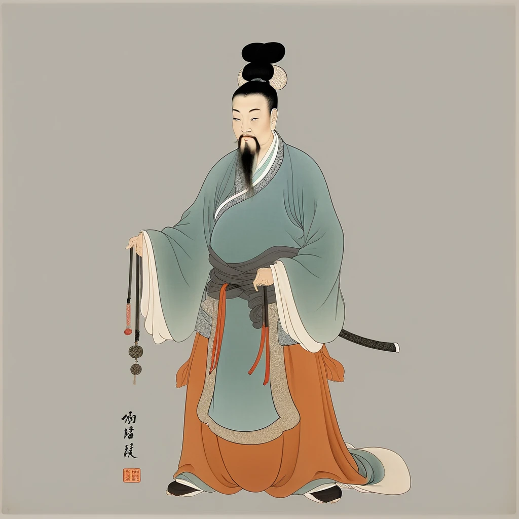 Ming Dynasty Old Man,Solitary,Black Hair,Chinese clothes of the Ming Dynasty,Hair Bun,whole body,Long sleeve,permanent,Wide sleeves,single Hair Bun,Keep,Hair Bun,Shut up,Close your eyes,Gray background,Chinese Ming Dynasty costumes,