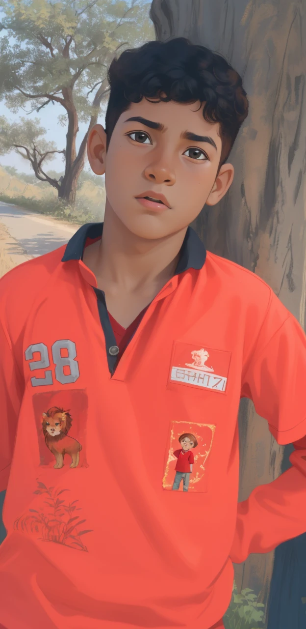 Realistic portrait of a eleven-year-old boy, he wears a red shirt . His face is exploratory and childish . he stands on the road , A small lion is among the bushes and he touches it cautiously ,Not facing the camera,, Hair is untidy,