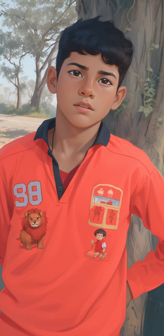 Realistic portrait of a eleven-year-old boy, he wears a red shirt . His face is  exploratory and childish . he stands on the road ,  A small lion is among the bushes and he touches it cautiously ,Not facing the camera,, Hair is untidy, 