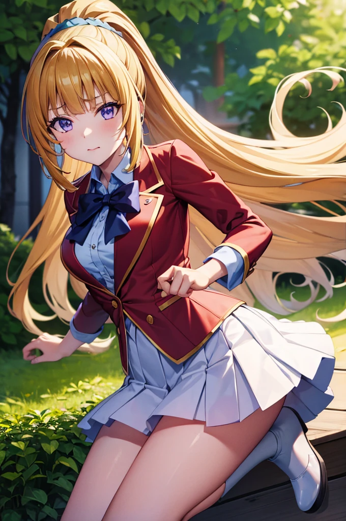 (8k, best quality, masterpiece,ultra detailed, ultra high res:1.2), anime keyvisual, 
1girl,
Kei Karuizawa, 
Kei Karuizawa \(youjitsu\),
long hair, BREAK ponytail, 
yellow hair, 
purple eyes, 
blue bow, hair scrunchie, 
medium breasts, 
red blazer, long sleeves, blue blouse, pleated white skirt, white calf socks, 
looking at viewer, 
cowboy shot, 
perfect light, 