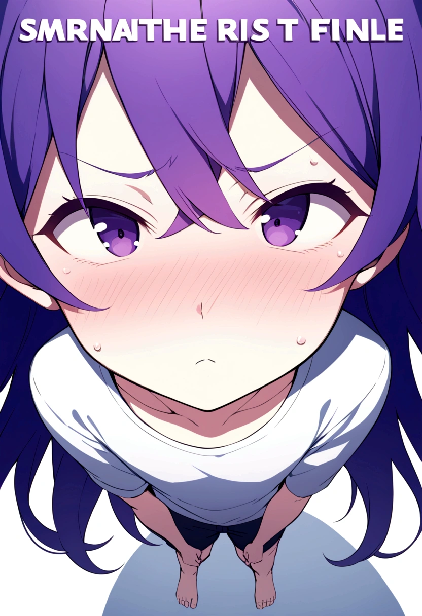 Boy with very long, intense violet hair, flushed with anger, shy, nervous, kissing the camera, white t-shirt, slightly seen from above, full body, professional manga cover, manga cover