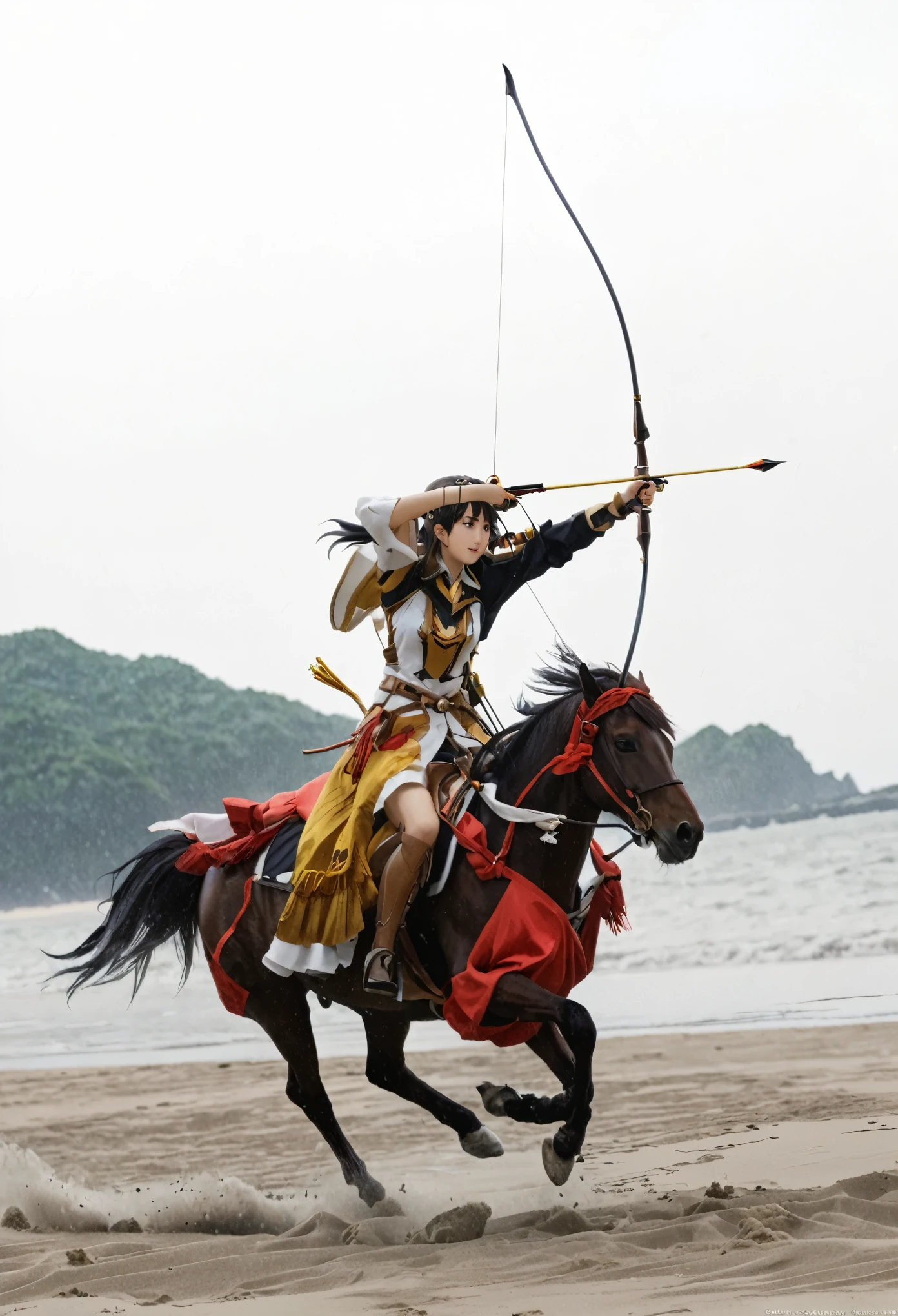 Horseback archery、4k anime art、Running along the sandy beach、Water's Edge、Blur the background、Yaburaya、