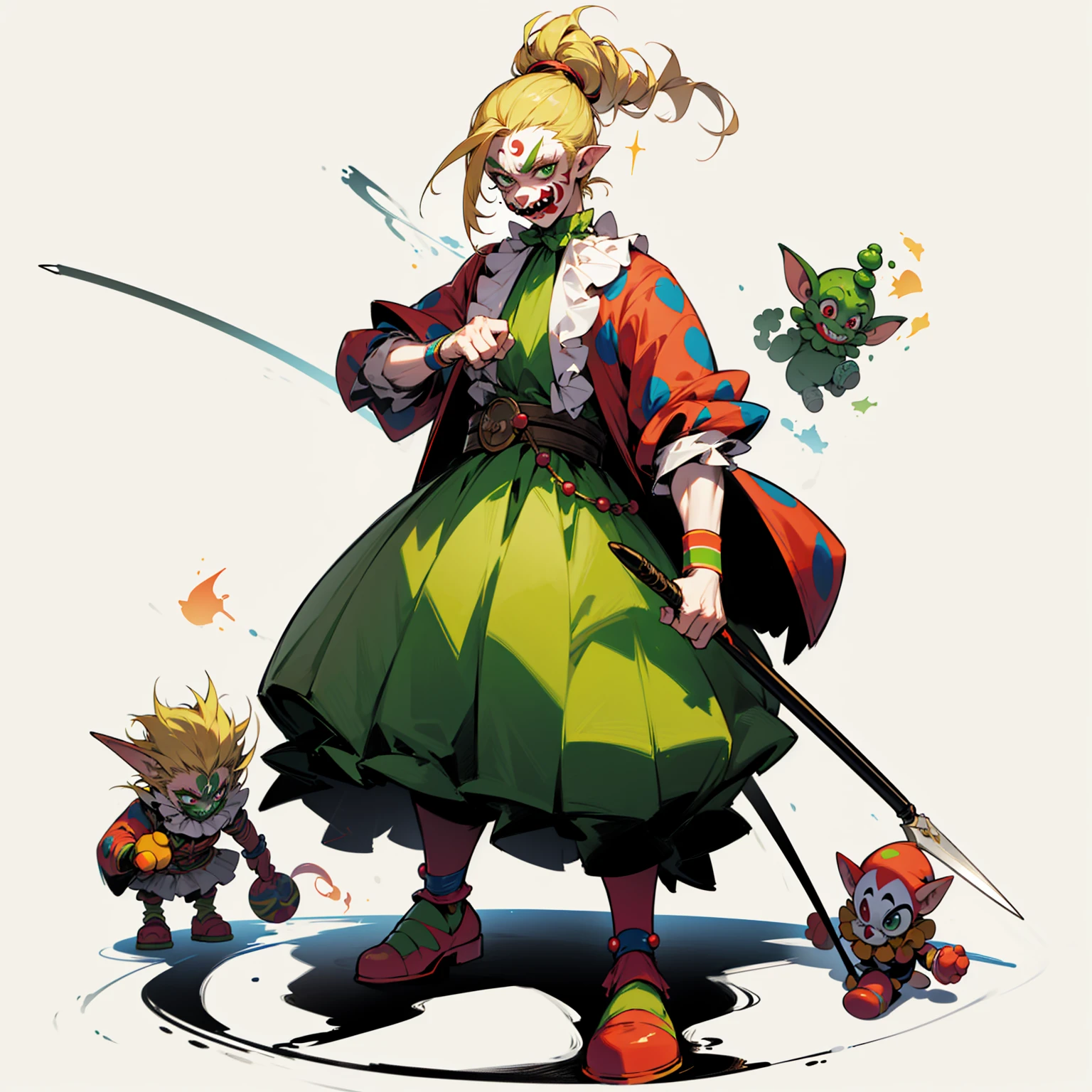 Random evolution, circuit clown, mascot, goblin man, (full body version), (1Man), (Clown make up on face), green eyes, blonde colour hair, man bun hairstyle, ((Whip weapon in hand)), Grassroots 