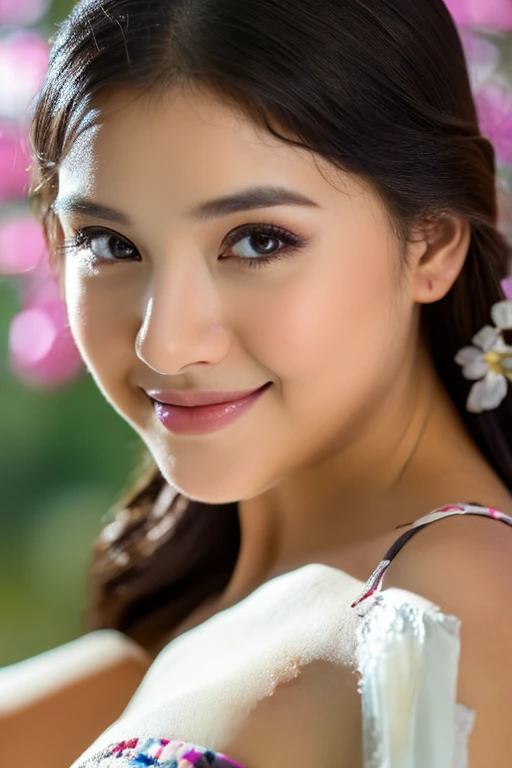 best quality, masterpiece, illustration, an extremely delicate and beautiful, extremely detailed ,CG ,unity ,8k wallpaper, Amazing, finely detail, masterpiece, best quality, official art, extremely detailed CG unity 8k wallpaper, absurdres, incredibly absurdres, huge filesize, ultra-detailed, highres, extremely detailed, beautiful detailed girl, ((detailed face, perfect face)), (extremely detailed eyes), ((looking at viewer)), (real person, photograph), ((cute, 1 girl, 22 yo, solo)), (black hair), huge breasts, natural breasts, light brown Skin, Perfect Portrait, Bokeh Effect, Look at Viewer, light make-up, wet body, Armpit, Perfect Eye, Perfect Hand, Perfect Finger, (exposed loose cleavage)), ((adorable:1.2)), ((masterpiece:1.1)), ((bokeh:1.2)), (dynamic seducing pose), seductive smile, flirting eyes, taniaayusiregar.