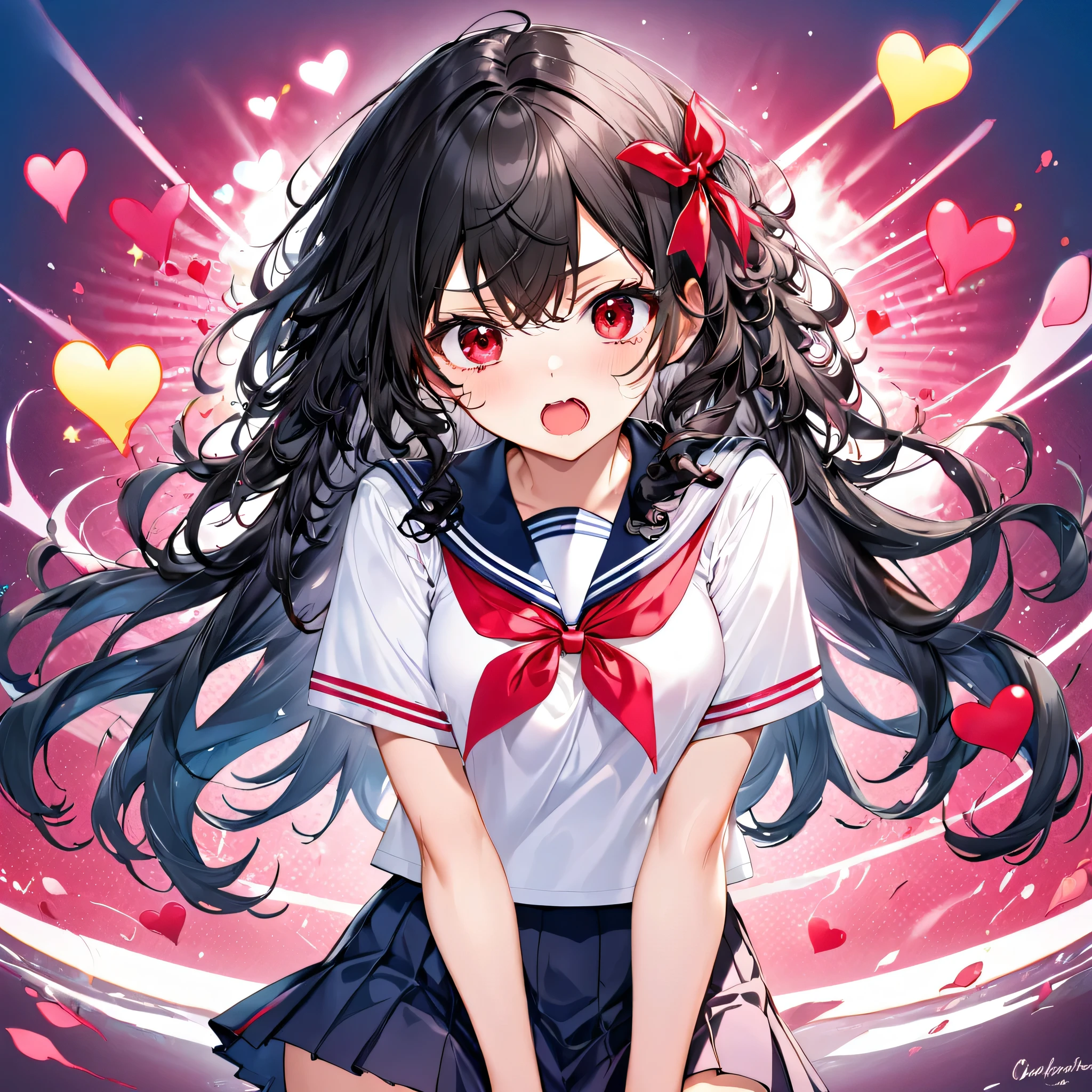 (Tsundere love mode) (15 yo, solo curly:1.3 black hair long hair cute girl, cute red eyes, angry face, pink lip open mouth, medium tits), break, (in a summer school sailor suit, red ribbon, skirt), BREAK, ((heart effect)), perfect anatomy, masterpiece, best quality, 16k, beautiful detailed grow, daydreaming expression.