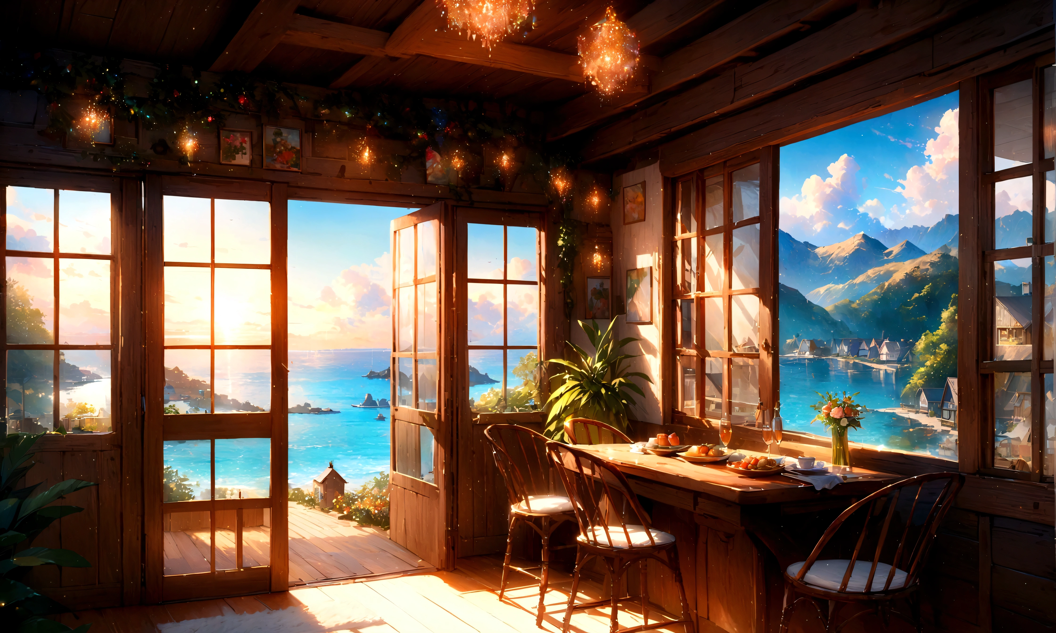 Holiday Homes, Large windows and beautiful views,Wooden Lodge,Inside the room,Blur the background,Pleasant sea breeze,Glitter effect,Highest quality, 8K, High resolution, masterpiece:1.2, Very detailed, Realistic:1.37, High resolution, 超High resolution, Ultra-fine painting, Very detailed, Professional, Vibrant colors