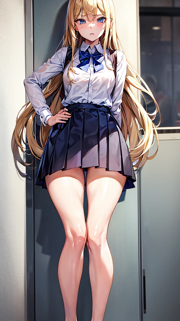 Bully student approaches me with a perverse face as I am a nerd, wearing short skirt, blonde hair, blue eyes, small firm breasts, long sexy legs, bad girl. very tall girl, photo from below the girl, bully, anger face