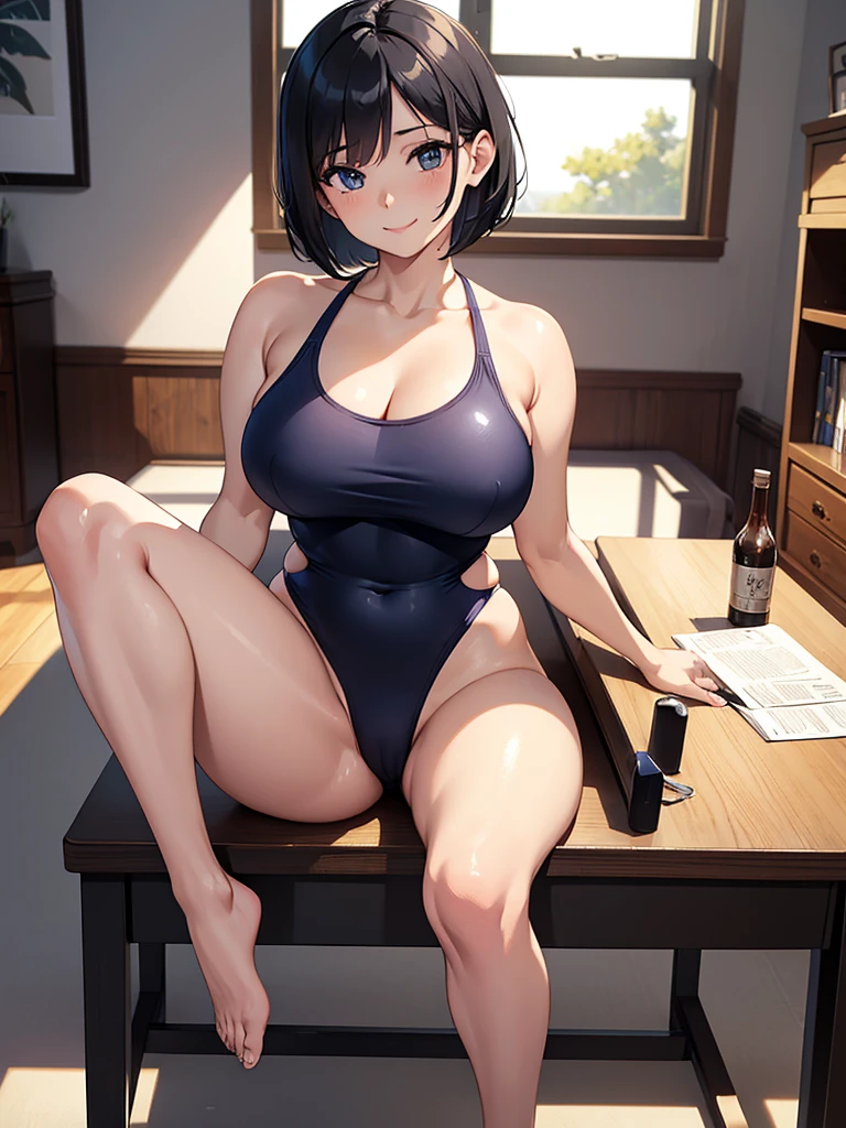 masterpiece, best quality, high definition images, atmospheric perspective, expressive eyes, perfect face, ultra detailed, solo, 1mature seductive woman sitting down in a carelessly sprawled on desk, alluring pose, black short bob hair, navy competition swimsuit, spread legs, curvy, thighs, calm smile, in study room,