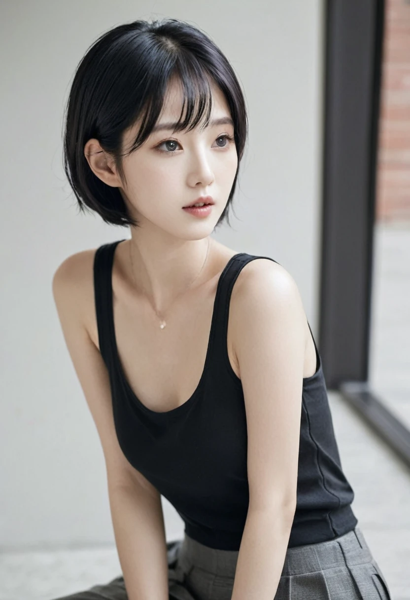 Beautiful Korean girl, white skin, short black hair, black tank top, beautiful,