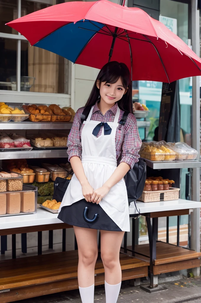 A 20-year-old girl selling umbrellas with umbrellas lined up（Wearing a miniskirt and apron）