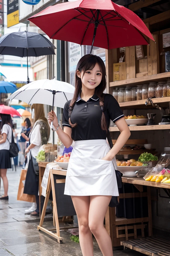 A 20-year-old girl selling umbrellas with umbrellas lined up(Wearing a miniskirt and apron)
