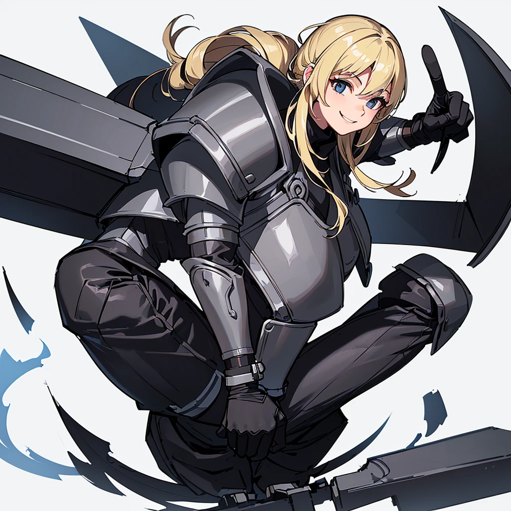 (((Solo)))、Highest quality, Best Quality、8K、Best illustrations、(Full body character concept)、(((Gray simple armor、Black trousers、Black gloves))、(woman、18-year-old)、(Blonde、Long Hair)、(White background)、(squat)、(smile、smile)
