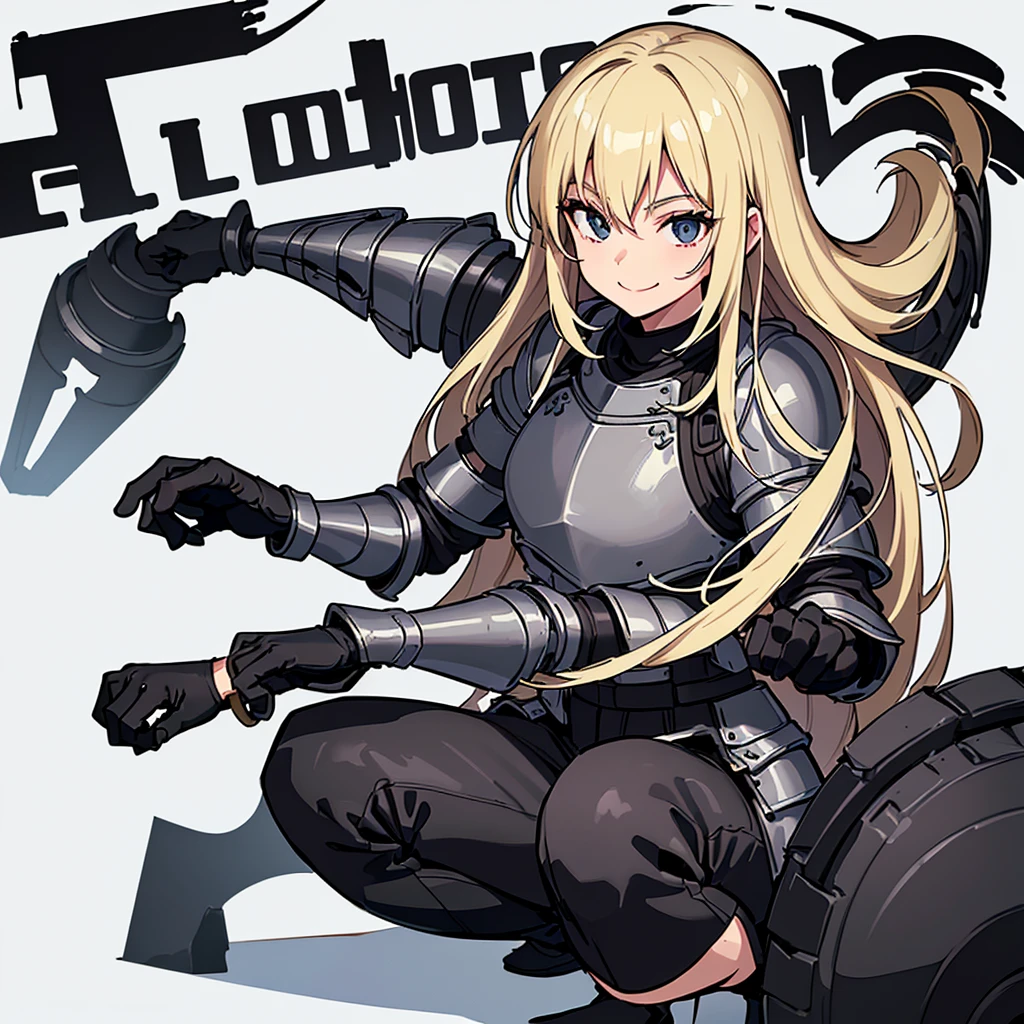 (((Solo)))、Highest quality, Best Quality、8K、Best illustrations、(Full body character concept)、(((Gray simple armor、Black trousers、Black gloves))、(woman、18-year-old)、(Blonde、Long Hair)、(White background)、(squat)、(smile、smile)
