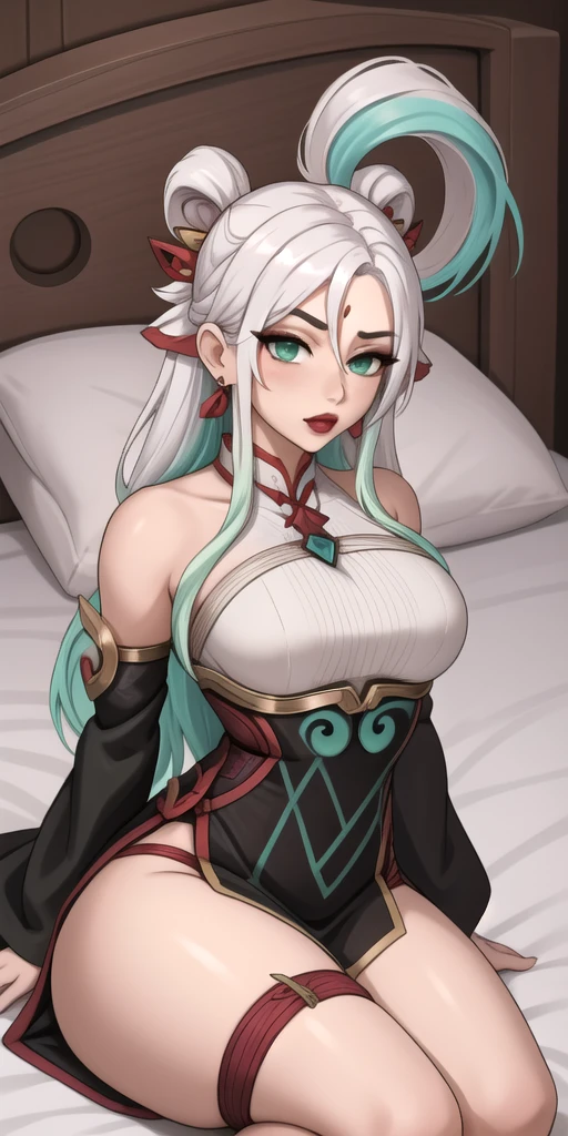 mythmaker irelia, 1girl, hair ornament, hair rings, bare shoulders, dress, detached sleeves, multicolored hair, white hair, earrings, green eyes, bondage, shibari, bdsm, on bed, rope, gag